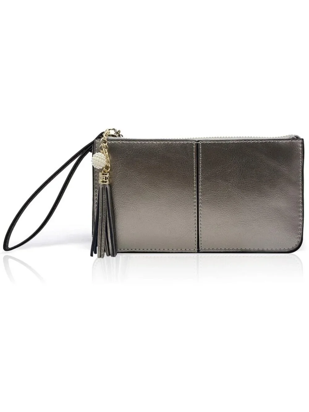 Women’s Warm Silver Genuine Leather Wristlet Clutch Slim Holder Wallet Purse